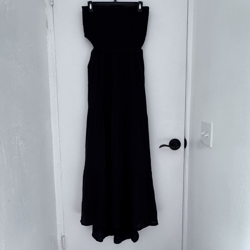 RIP CURL Premium Surf Strapless Maxi Dress Black Gauze Womens L Smocked Tiered